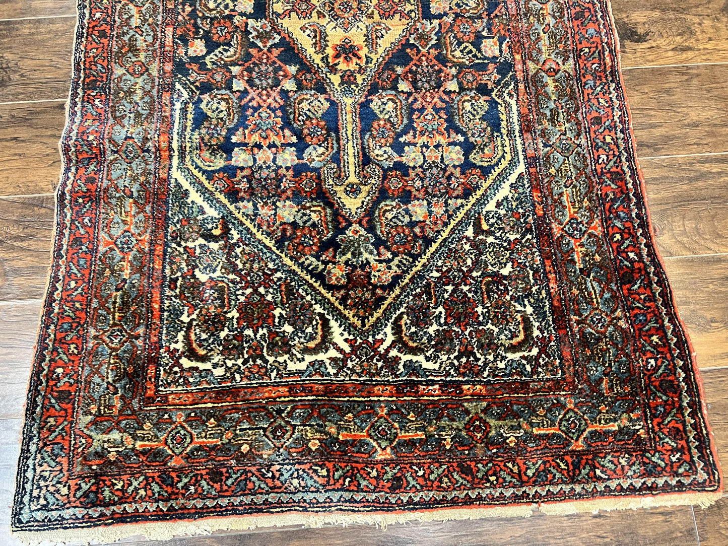 Antique Persian Runner Rug 3.7 x 15.8, Navy Blue Multicolor, Hand Knotted Handmade Wool Rug for Hallway, Geometric Medallions, Persian Hamadan Rug - Nuvé