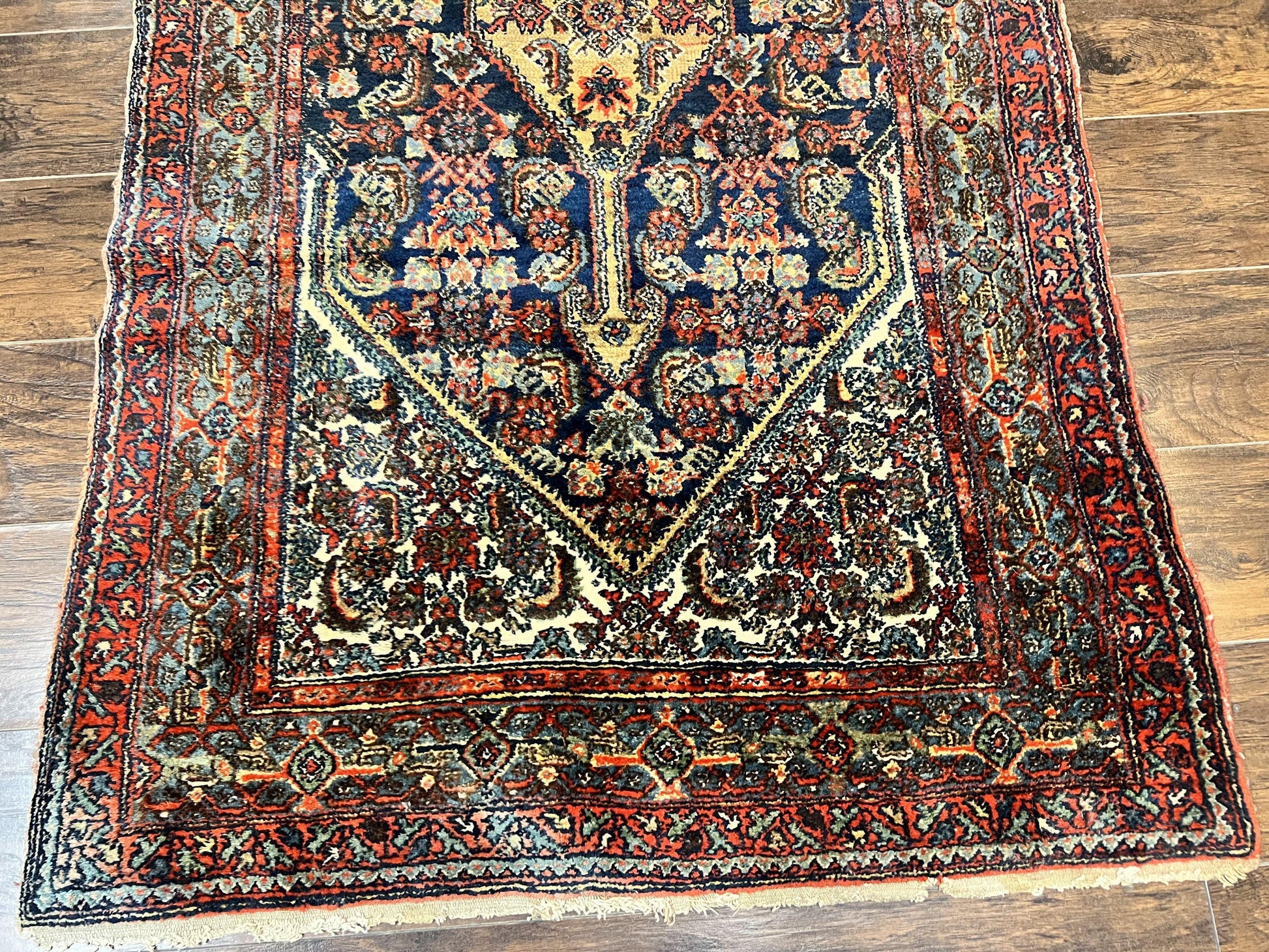 Antique Persian Runner Rug 3.7 x 15.8, Navy Blue Multicolor, Hand Knotted Handmade Wool Rug for Hallway, Geometric Medallions, Persian Hamadan Rug - Nuvé
