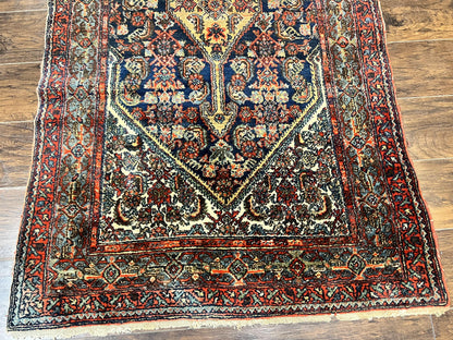 Antique Persian Runner Rug 3.7 x 15.8, Navy Blue Multicolor, Hand Knotted Handmade Wool Rug for Hallway, Geometric Medallions, Persian Hamadan Rug - Nuvé