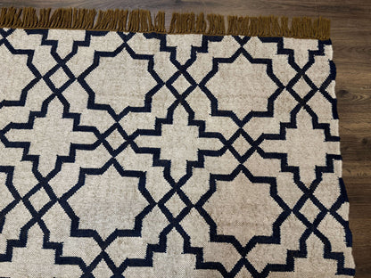 Indian Kilim Rug 8x10, Oat and Navy Blue, Dhurrie Carpet, Handmade, Wool