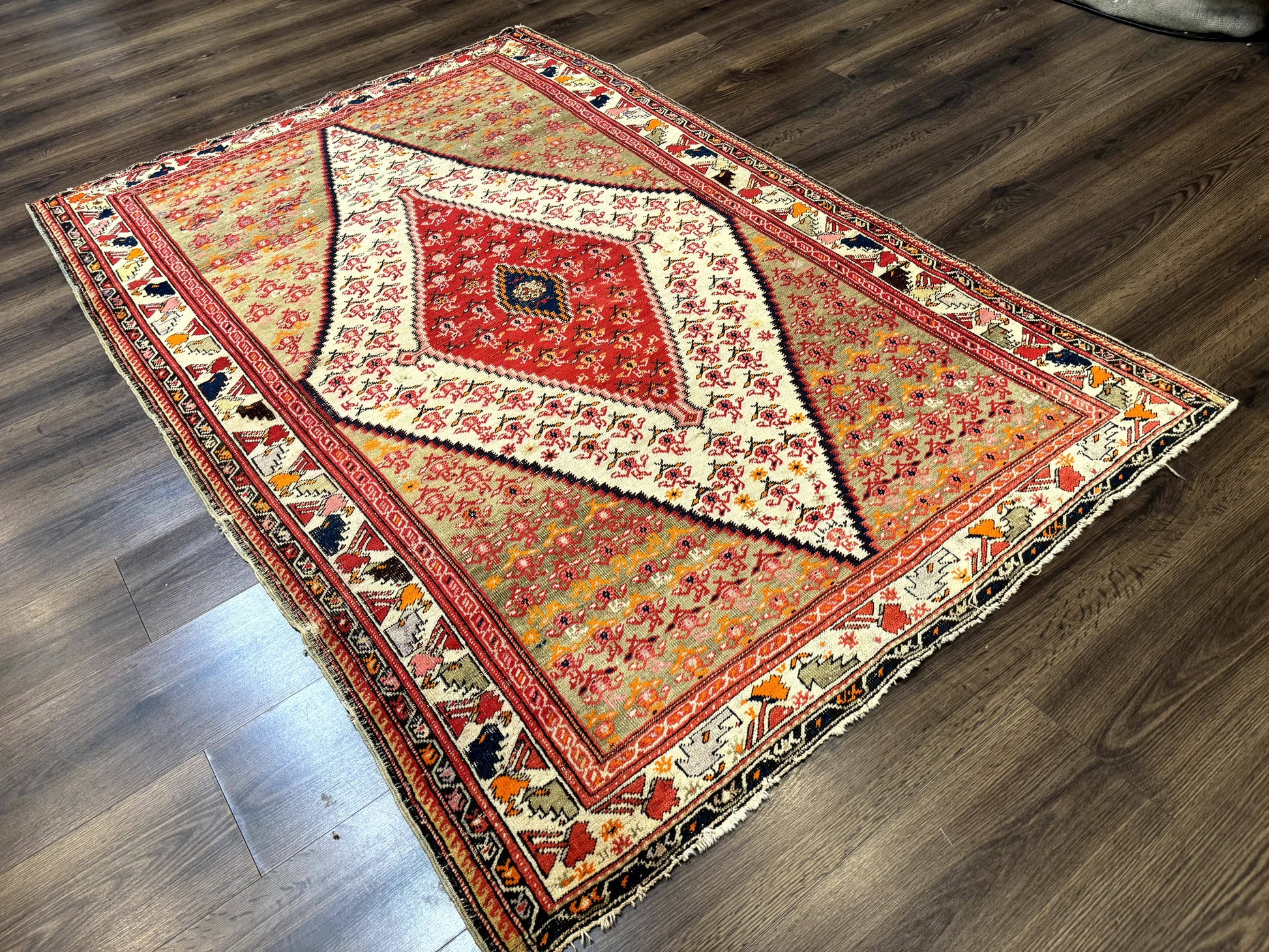 Antique Persian Malayer Rug 4x7, Tribal Senneh Carpet, Geometric, Diamond Design - Nuvé