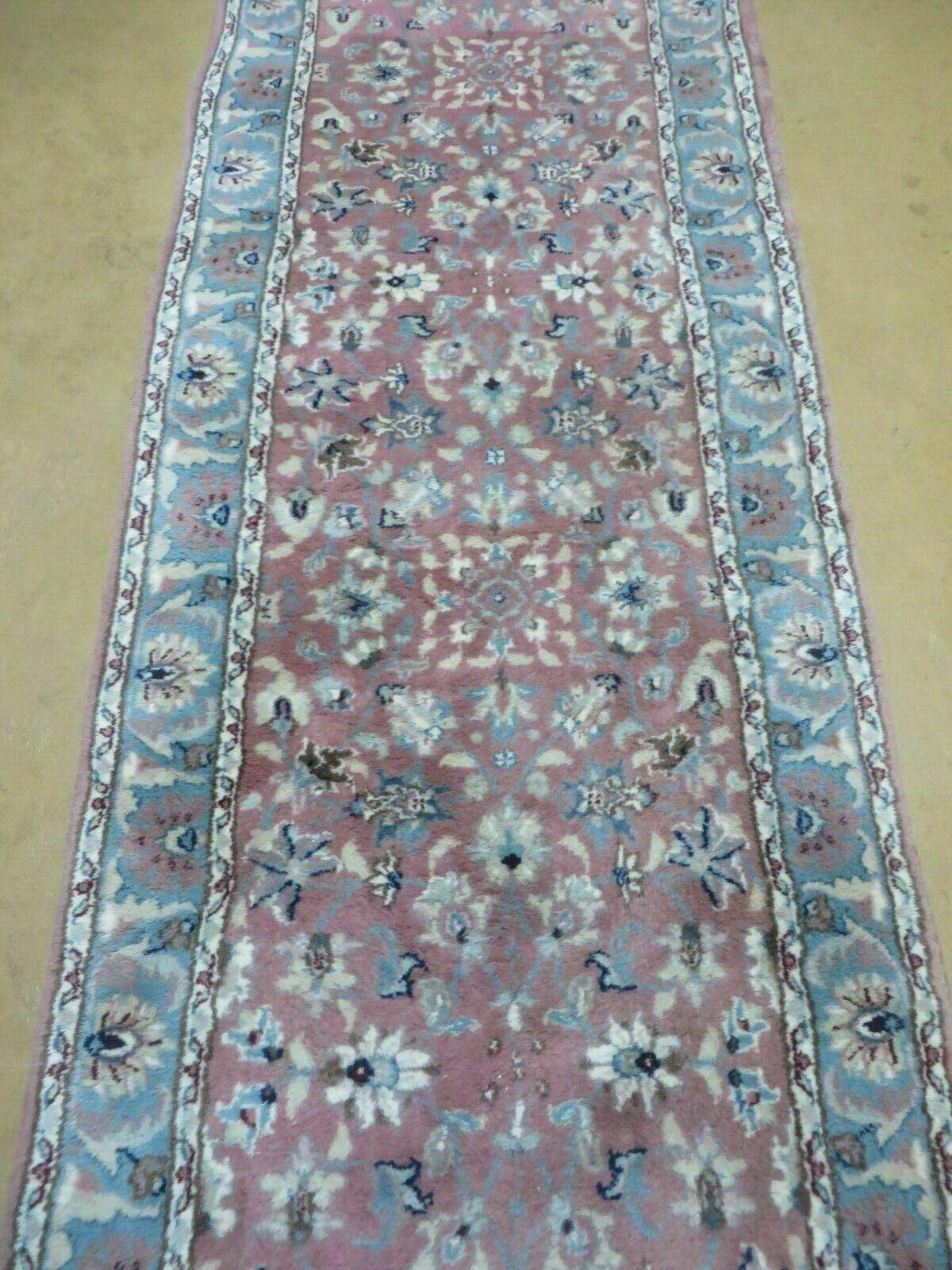 Indo Persian Runner Rug 2.8 x 12, Wool Hand Knotted, Pink and Light Blue - Nuvé