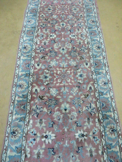 Indo Persian Runner Rug 2.8 x 12, Wool Hand Knotted, Pink and Light Blue - Nuvé