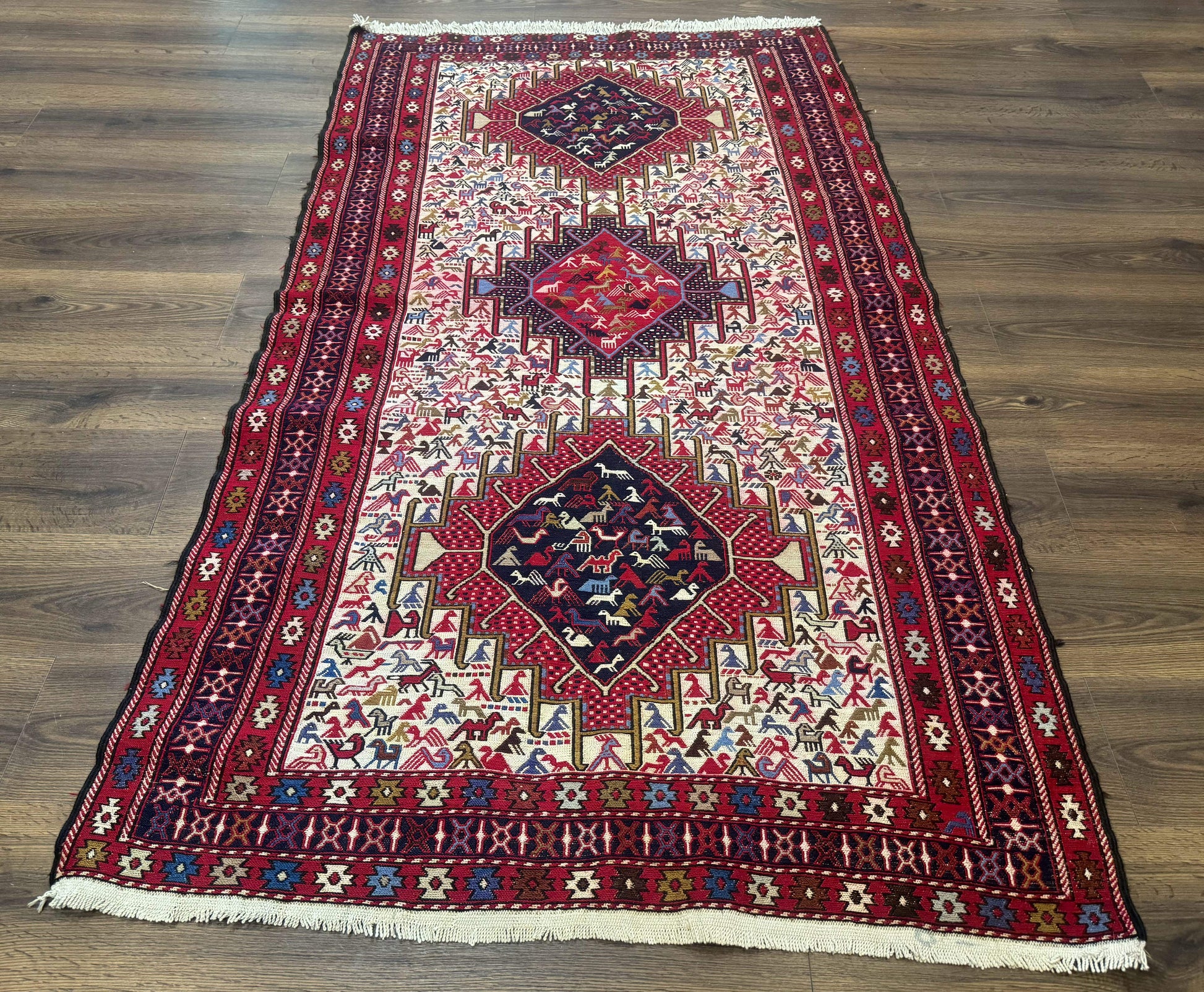 Persian Soumak Kilim Rug 4x6, Triple Medallions Tribal Pictorials, Caucasian Azerbaijani Kilim - Nuvé