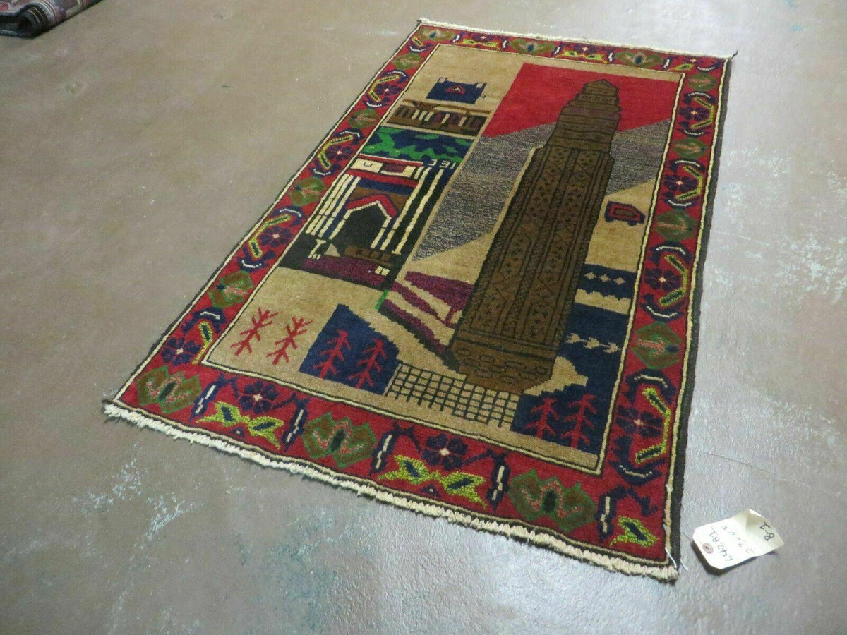 3' X 4' New Vintage Handmade Afghan Balouch Tribal Wool Pictorial Rug # 281