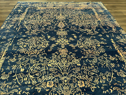 Area Rug 8x10 High Quality Handmade Oriental Carpet, Modern Contemporary Rug, Rug for Living Room, Wool Rug, Blue and Gold, Pakistani Rug