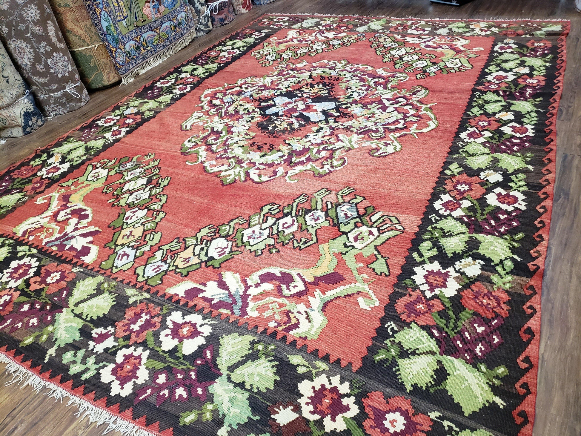 Karabakh Rug 8x11, Caucasian Kilim Rug, Vintage Antique Turkish Anatolian Azerbaijani Carpet, Wool Red & Black Hand-Woven 8 x 11 Living Room - Nuvé