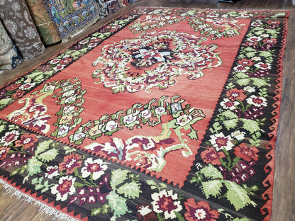 Karabakh Rug 8x11, Caucasian Kilim Rug, Vintage Antique Turkish Anatolian Azerbaijani Carpet, Wool Red & Black Hand-Woven 8 x 11 Living Room - Nuvé