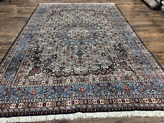 Persian Mashad Rug 7x10, Floral Medallion, Wool Hand Knotted Vintage Oriental Carpet, Blue & Ivory, Traditional Room Sized Rug - Nuvé