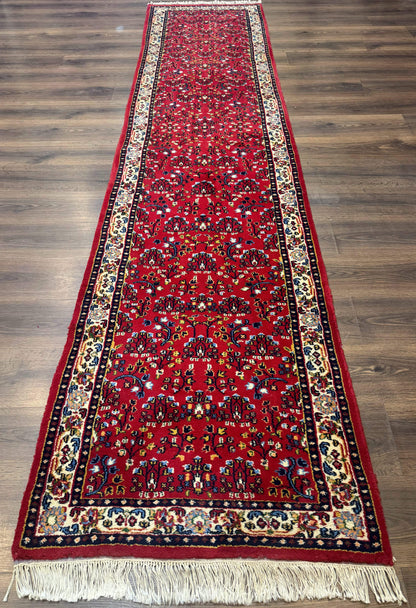 Indo Persian Sarouk Runner Rug 3 x 12, Red and Cream, Allover Pattern, 12ft Runner, Hand Knotted - Nuvé