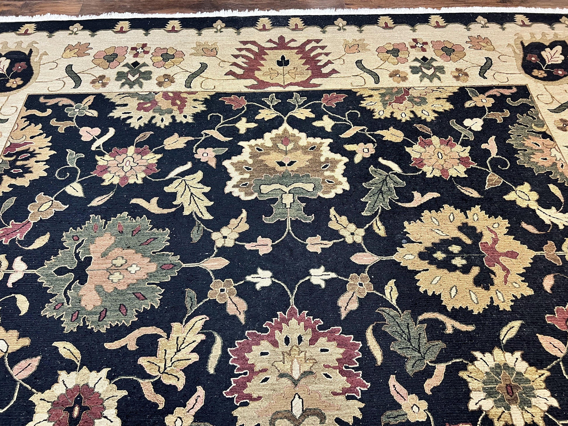 Indo Persian Rug 10x14, Wool Handmade Room Sized Floral Oriental Carpet, Indian Mahal Flatweave Rug, Black Beige - Nuvé