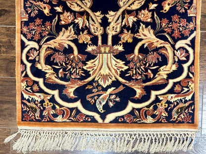 Persian Isfahan Rug 2x4, Birds, Navy Blue, Kork Wool on Silk Foundation, 460 KPSI - Nuvé