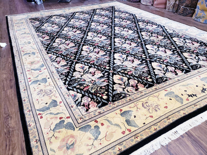 Black Kirman Rug, 8x11 - 9x12 Rug, Sino-Persian Rug, Floral Oriental Carpet, Handmade Rug, Black and Ivory Rug, Room Sized Area Rug, Wool - Nuvé