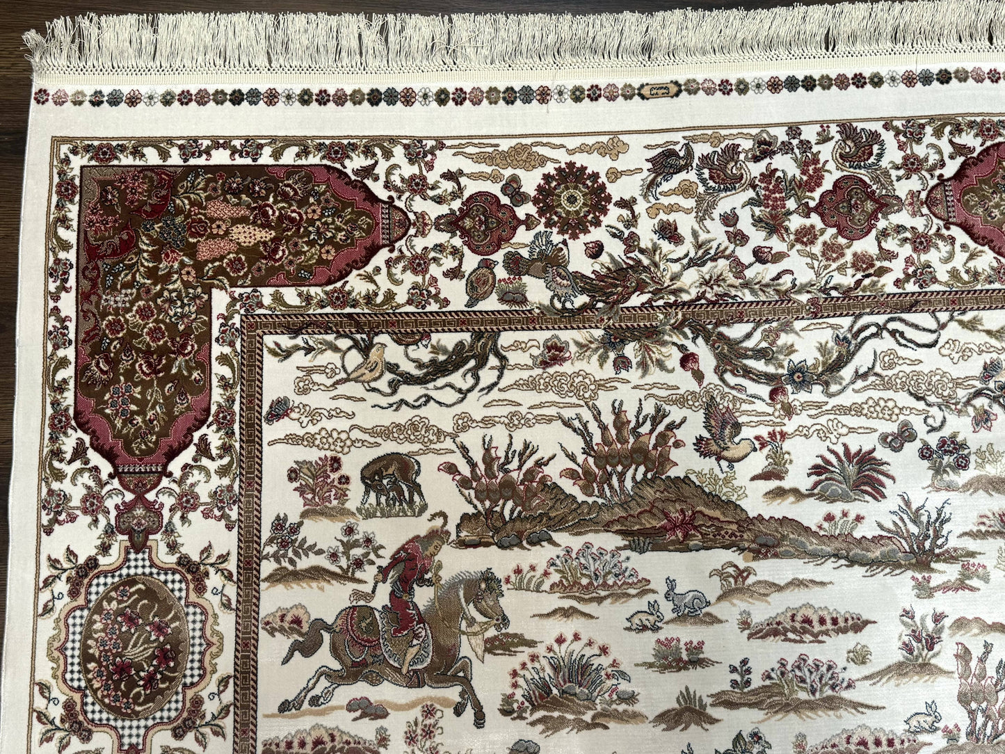 Turkish Silk Rug 5x8, Ivory, Hunting Design, Animal Pictorials, Bamboo Silk - Nuvé