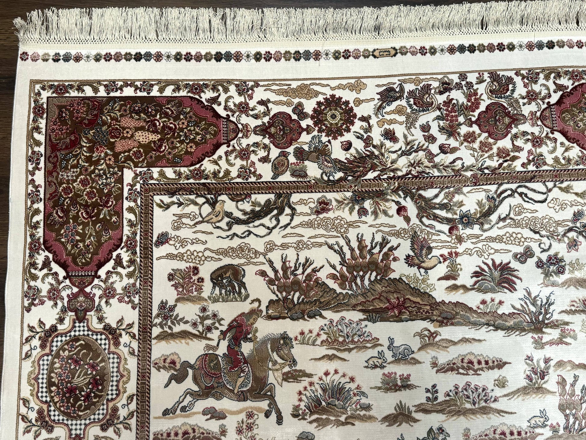 Turkish Silk Rug 5x8, Ivory, Hunting Design, Animal Pictorials, Bamboo Silk - Nuvé