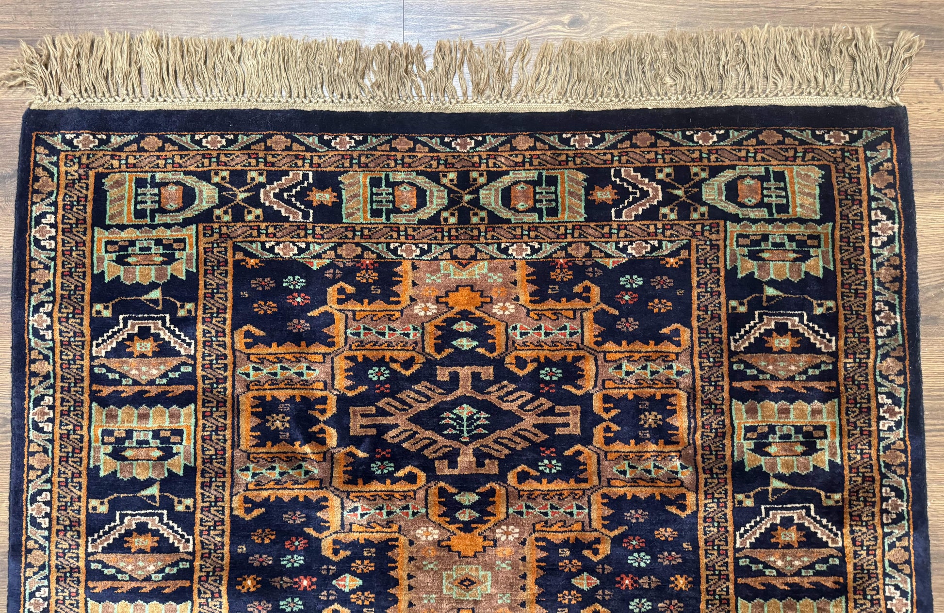 Vintage Afghan Rug 4x6, Navy Blue and Light Brown, Geometric Medallions, Wool on Wool, Tribal Rug - Nuvé