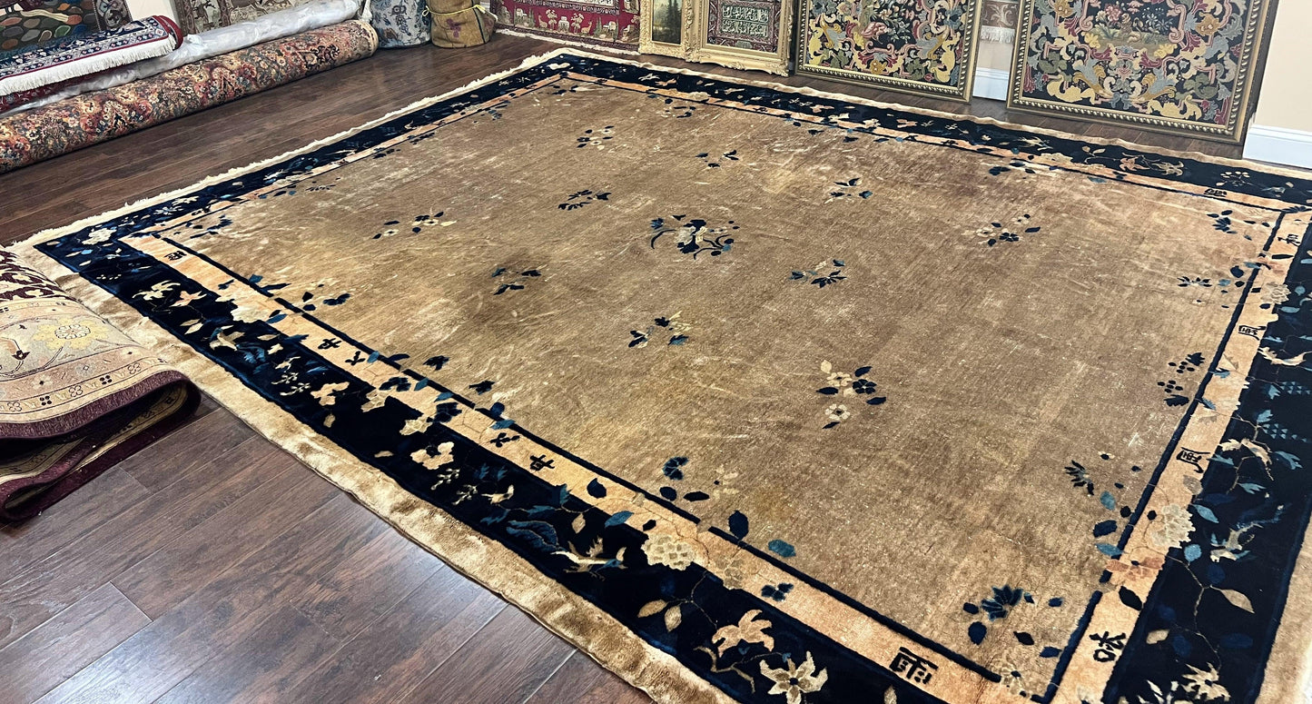 Antique Chinese Wool Rug 10x13, Large 1920s Peking Carpet, Handmade - Nuvé