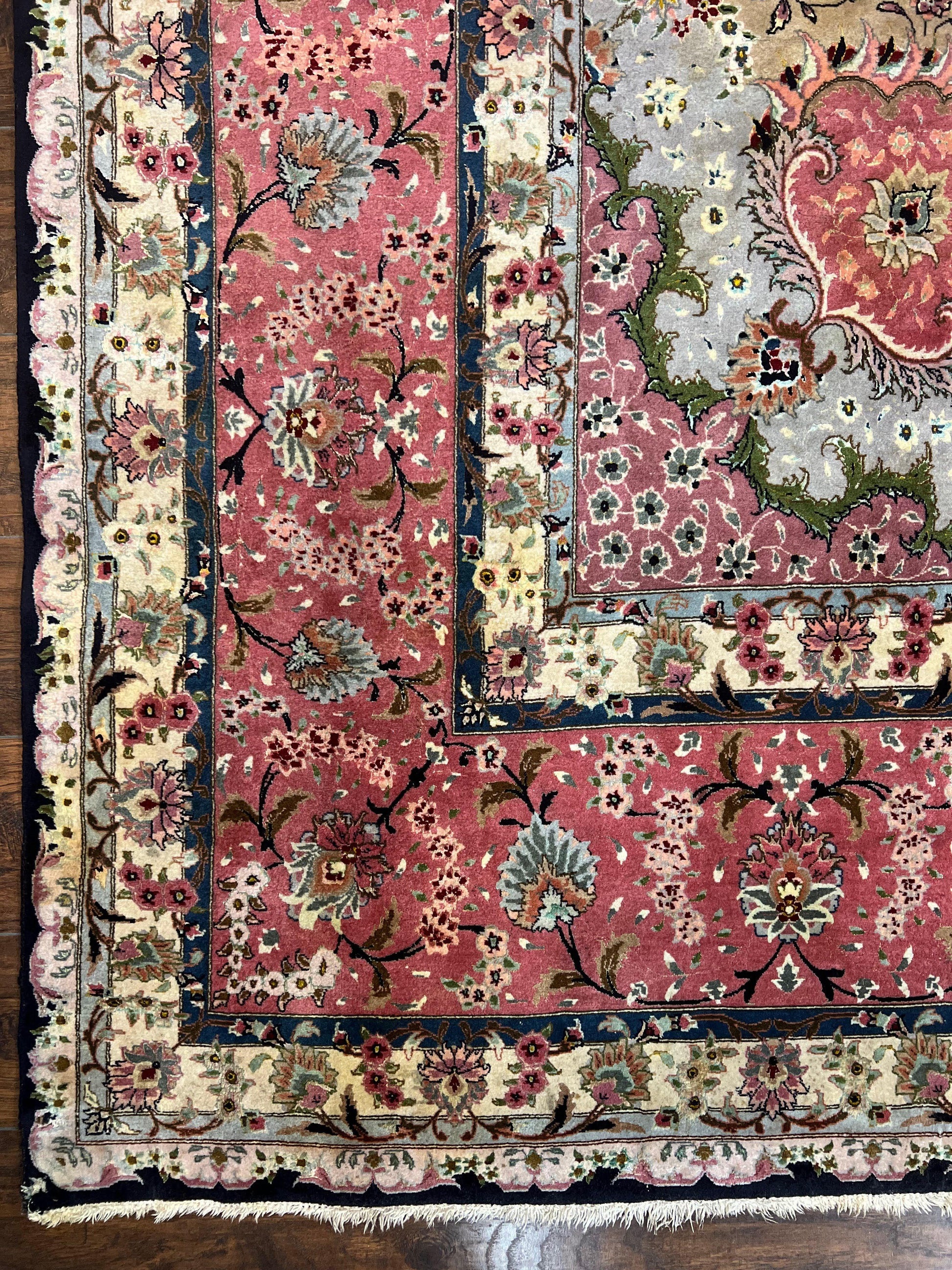 Magnificent Persian Tabriz Rug 11x16, Oversized Persian Carpet 11 x 16 ft, Wool on Silk Finely Hand Knotted, 450 KPSI, Floral Medallion, Black Pink - Nuvé