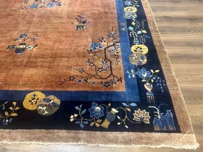 Antique Chinese Wool Rug 9x12, Light Brown and Navy Blue, Fete Peking Art Deco - Nuvé