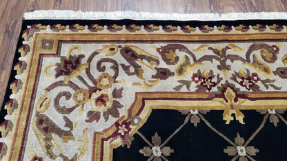 6x9 Nepalese Rug, Aubusson Savonnerie Area Rug 6 x 9 with Soft Pile, Hand-Knotted Wool Black & Beige Tibetan New Carpet European Design - Nuvé