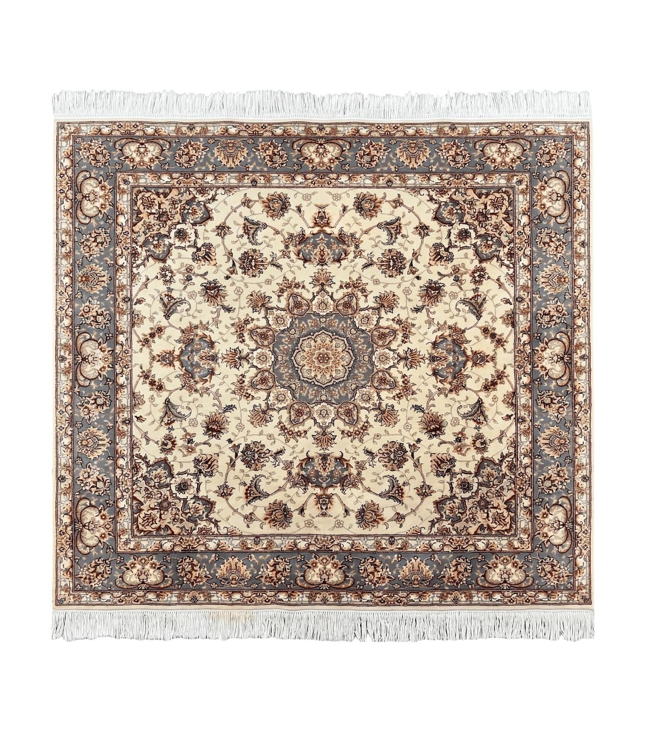 Sino Persian Square Rug 5x5, Very Fine Oriental Carpet, Wool & Silk Highlights, Ivory, Hand Knotted Handmade Vintage Traditional Rug