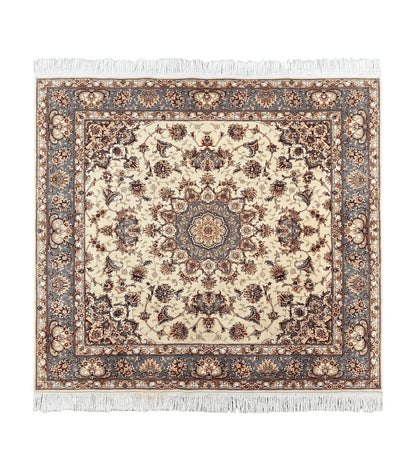 Sino Persian Square Rug 5x5, Very Fine Oriental Carpet, Wool & Silk Highlights, Ivory, Hand Knotted Handmade Vintage Traditional Rug