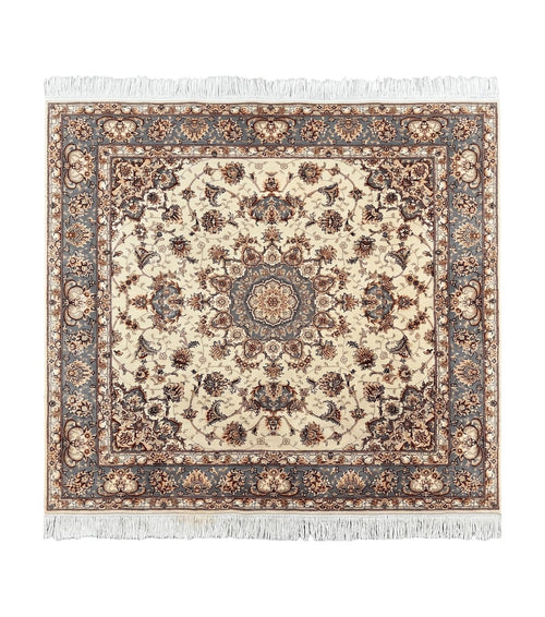 Sino Persian Square Rug 5x5, Very Fine Oriental Carpet, Wool & Silk Highlights, Ivory, Hand Knotted Handmade Vintage Traditional Rug