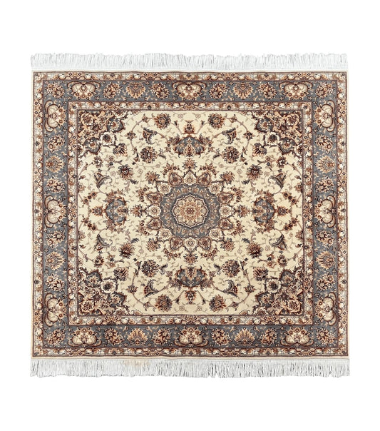 Sino Persian Square Rug 5x5, Very Fine Oriental Carpet, Wool & Silk Highlights, Ivory, Hand Knotted Handmade Vintage Traditional Rug
