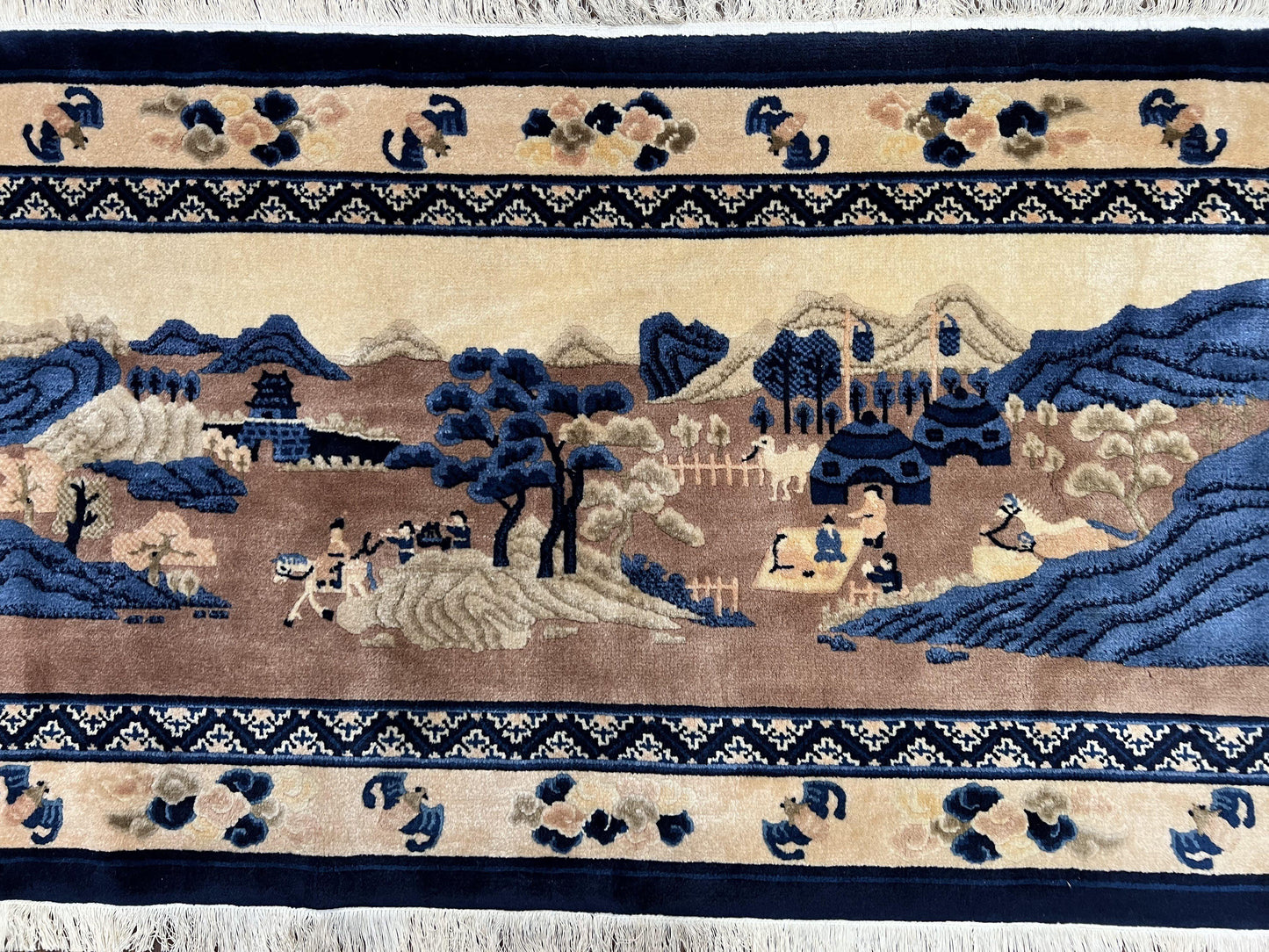 Antique Chinese Pictorial Rug 2.7 x 5, Chinese Village and Hills Carpet, Beige and Dark Blue, Handmade, Horizontal Rug Wall Hanging Tapestry - Nuvé