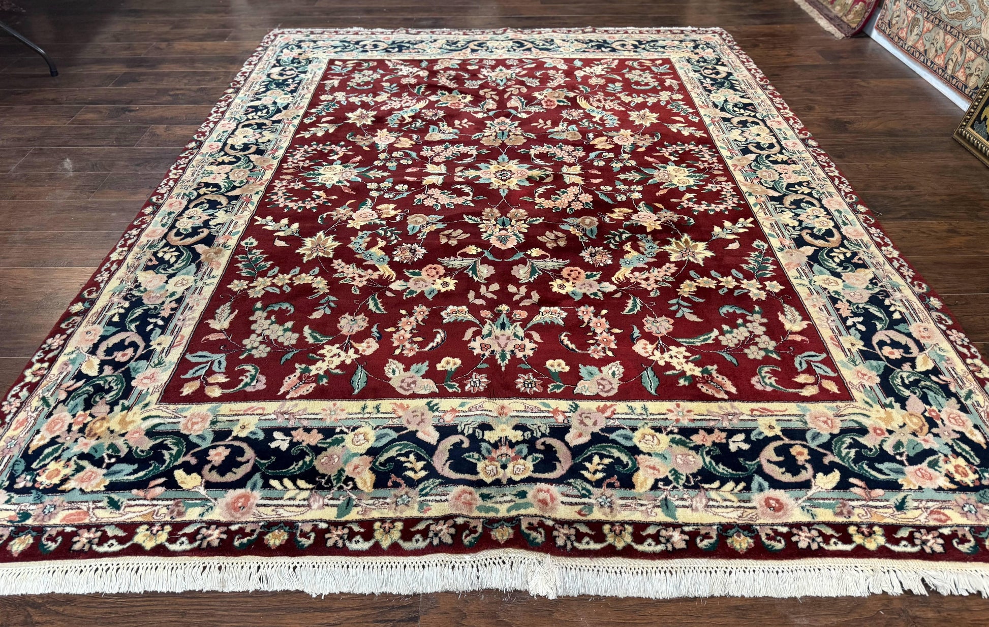 Indo Persian Rug 8x10, Floral Allover with Bird Pictorials, Maroon and Navy Blue, Handmade Wool Area Rug - Nuvé