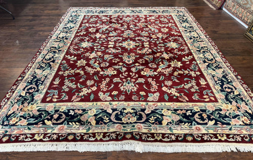 Indo Persian Rug 8x10, Floral Allover with Bird Pictorials, Maroon and Navy Blue, Handmade Wool Area Rug - Nuvé