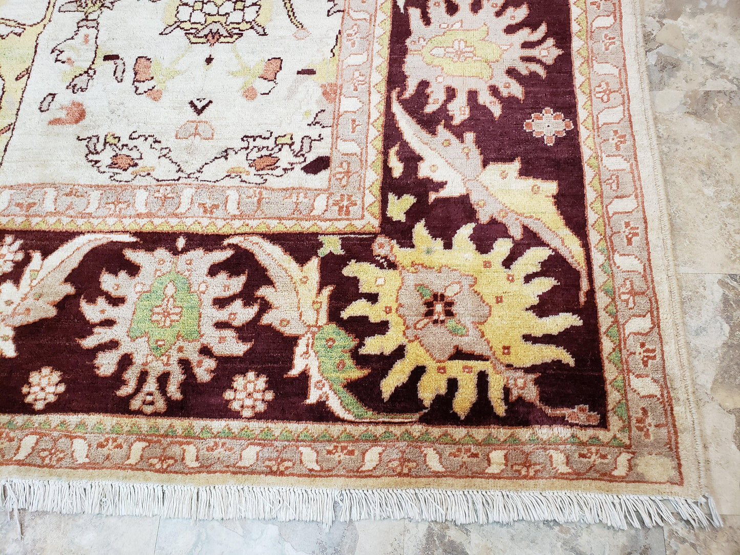 Beige and Maroon Peshawar Rug 10x15, Large Oushak Carpet, Pakistani Rug, Handmade Area Rug, Hand Knotted Rug, Living Room Rug, Nice Wool Rug - Nuvé