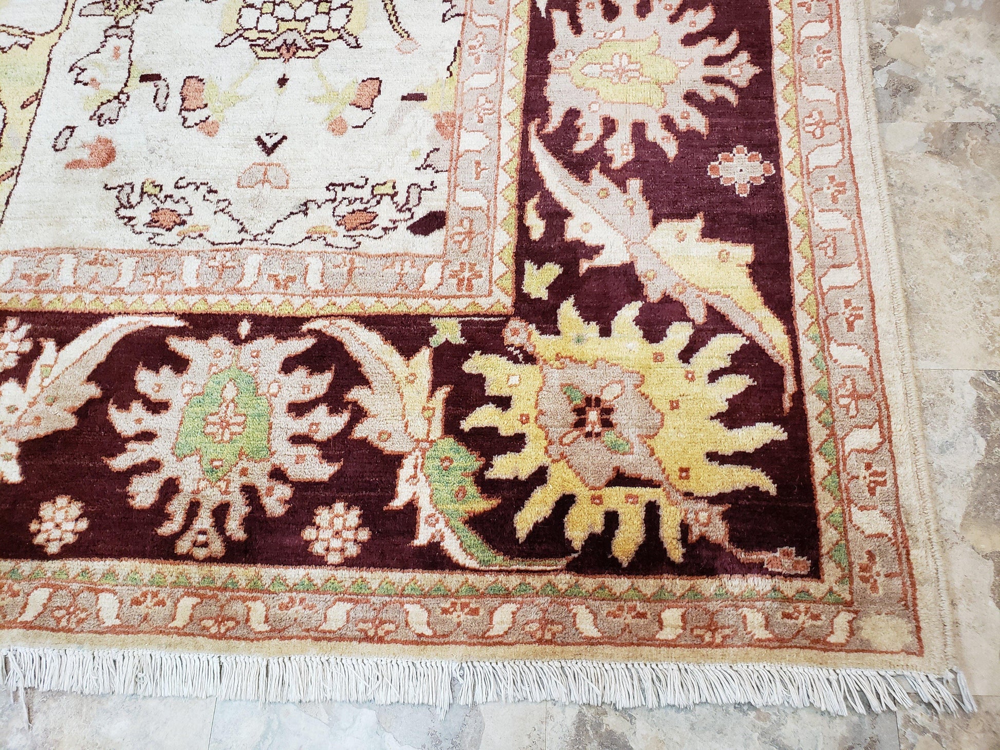 Beige and Maroon Peshawar Rug 10x15, Large Oushak Carpet, Pakistani Rug, Handmade Area Rug, Hand Knotted Rug, Living Room Rug, Nice Wool Rug - Nuvé