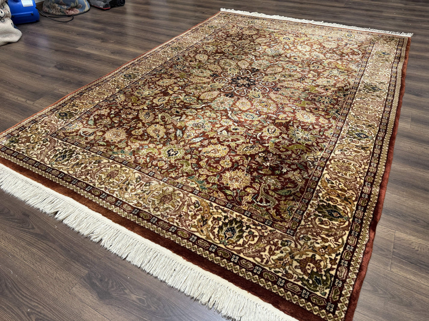 Tree of Life Indian Kashmiri Rug 6x9, Rust Red and Cream, Animal Pictorials, Fine 290 KPSI - Nuvé