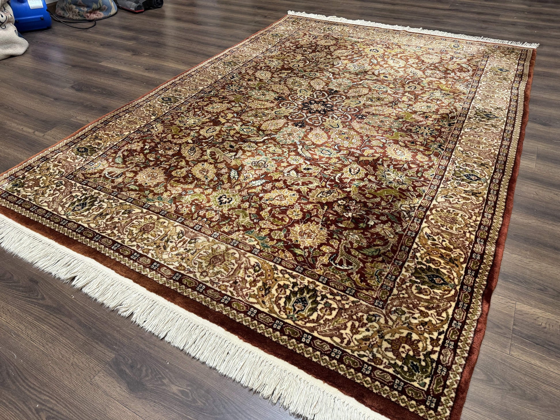 Tree of Life Indian Kashmiri Rug 6x9, Rust Red and Cream, Animal Pictorials, Fine 290 KPSI - Nuvé