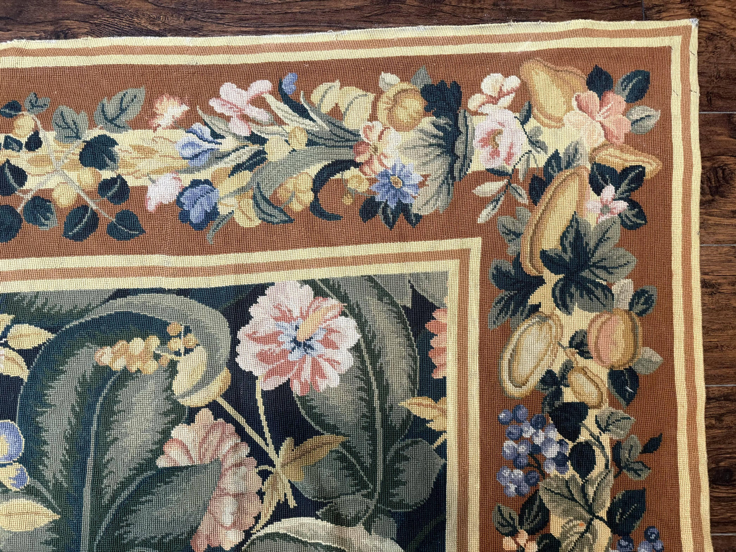Needlepoint Rug 8x10, Vintage, Handmade, Wool, Green, Leaves & Fruits - Nuvé