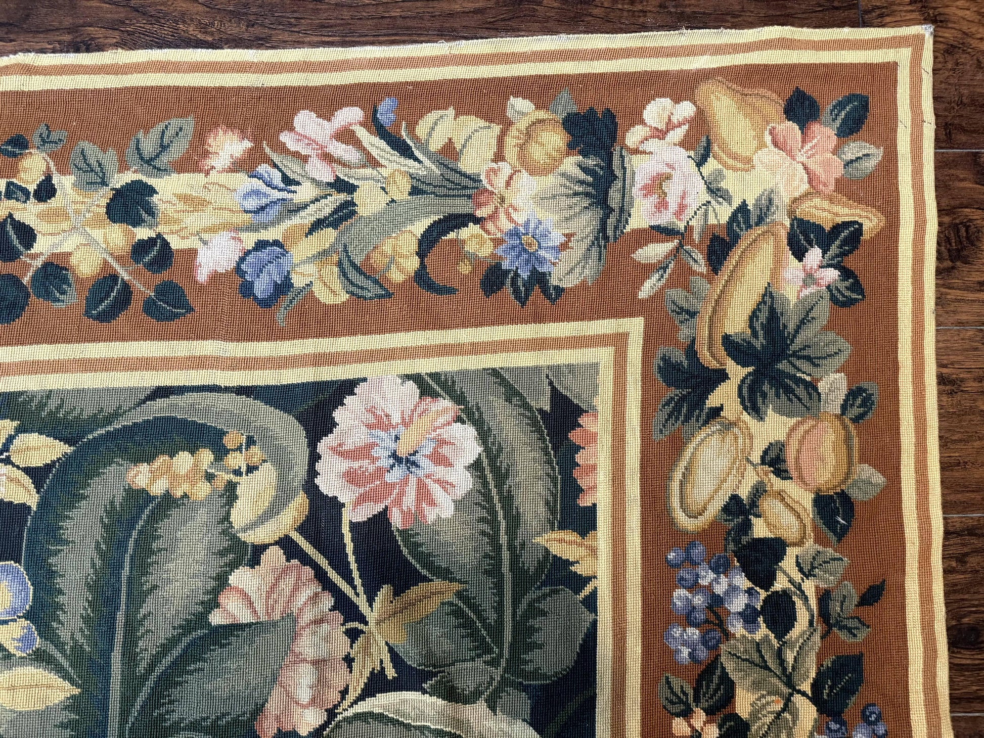 Needlepoint Rug 8x10, Vintage, Handmade, Wool, Green, Leaves & Fruits - Nuvé