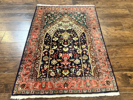 Persian Tabriz Rug 3x4, Navy Blue, Birds, Floral, Prayer Rug, Handmade Wool Rug, Finely Hand Knotted 325 KPSI - Nuvé