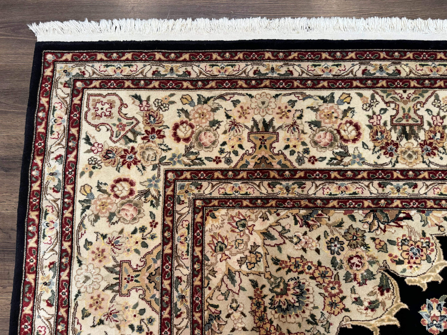 Sino Persian Rug 9x12, Black and Beige, Floral Medallion, Wool & Silk, Handmade - Nuvé