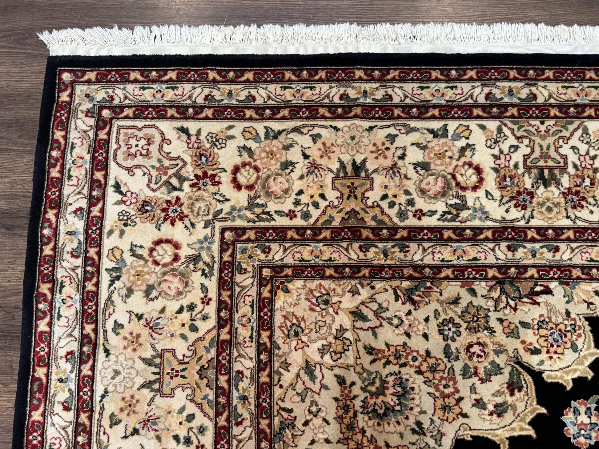 Sino Persian Rug 9x12, Black and Beige, Floral Medallion, Wool & Silk, Handmade - Nuvé