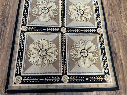 Needlepoint Runner Rug 3x8 Panel Design Rug, Flatweave Runner Rug, English Design, Floral, Short Runner Rug, Black and Beige Wool Hand-Woven - Nuvé
