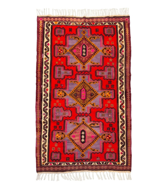 Persian Kurdish Zarand Kilim Rug 5x9, Red, Geometric Medallions, Wide Runner