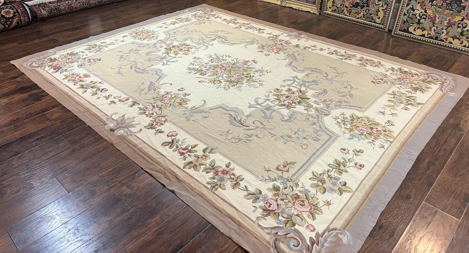 Aubusson Needlepoint Rug 9x12, VIntage Handmade Wool Beige Floral European Elegant Rug 9 x 12, Floral Roses - Nuvé