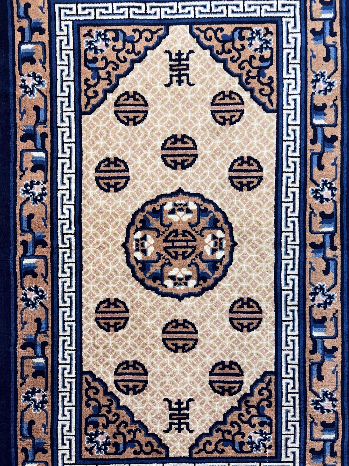 Chinese Peking Rug 3x5, Antique Chinese Art Deco Carpet, Blue Ivory Tan, Hand Knotted Wool Asian Oriental Rug 3 x 5 Vintage Small Peking Rug - Nuvé