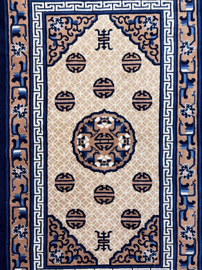 Chinese Peking Rug 3x5, Antique Chinese Art Deco Carpet, Blue Ivory Tan, Hand Knotted Wool Asian Oriental Rug 3 x 5 Vintage Small Peking Rug - Nuvé