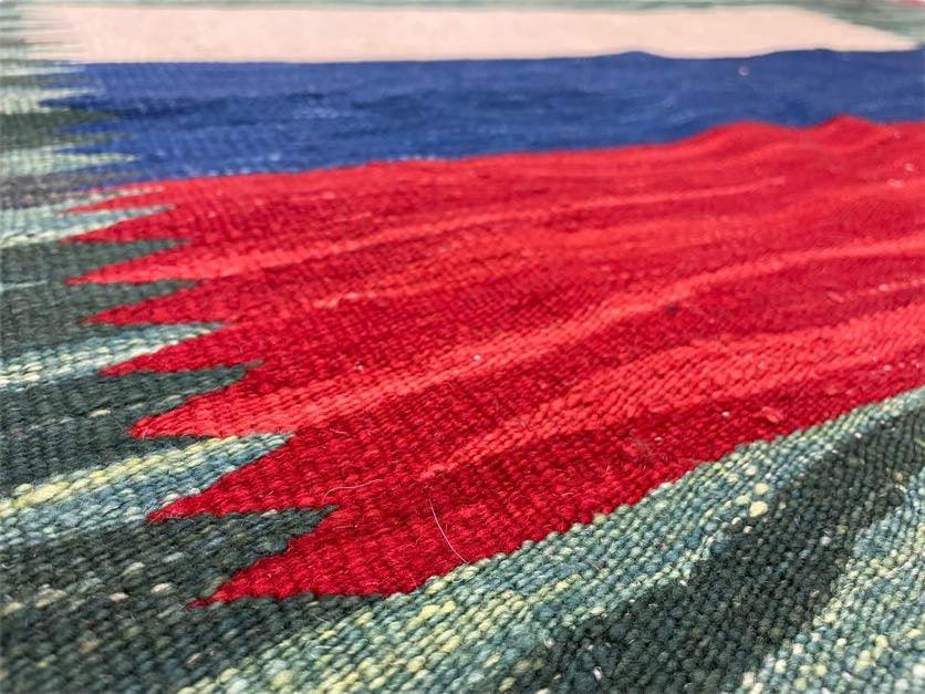 Sea Green Kilim Area Rug, White Blue Red Stripes, Russian Flag Rug, Flatweave Hand Knotted Carpet, Turkish Carpet, Wool, New, 5' 6" x 7' 10" - Nuvé