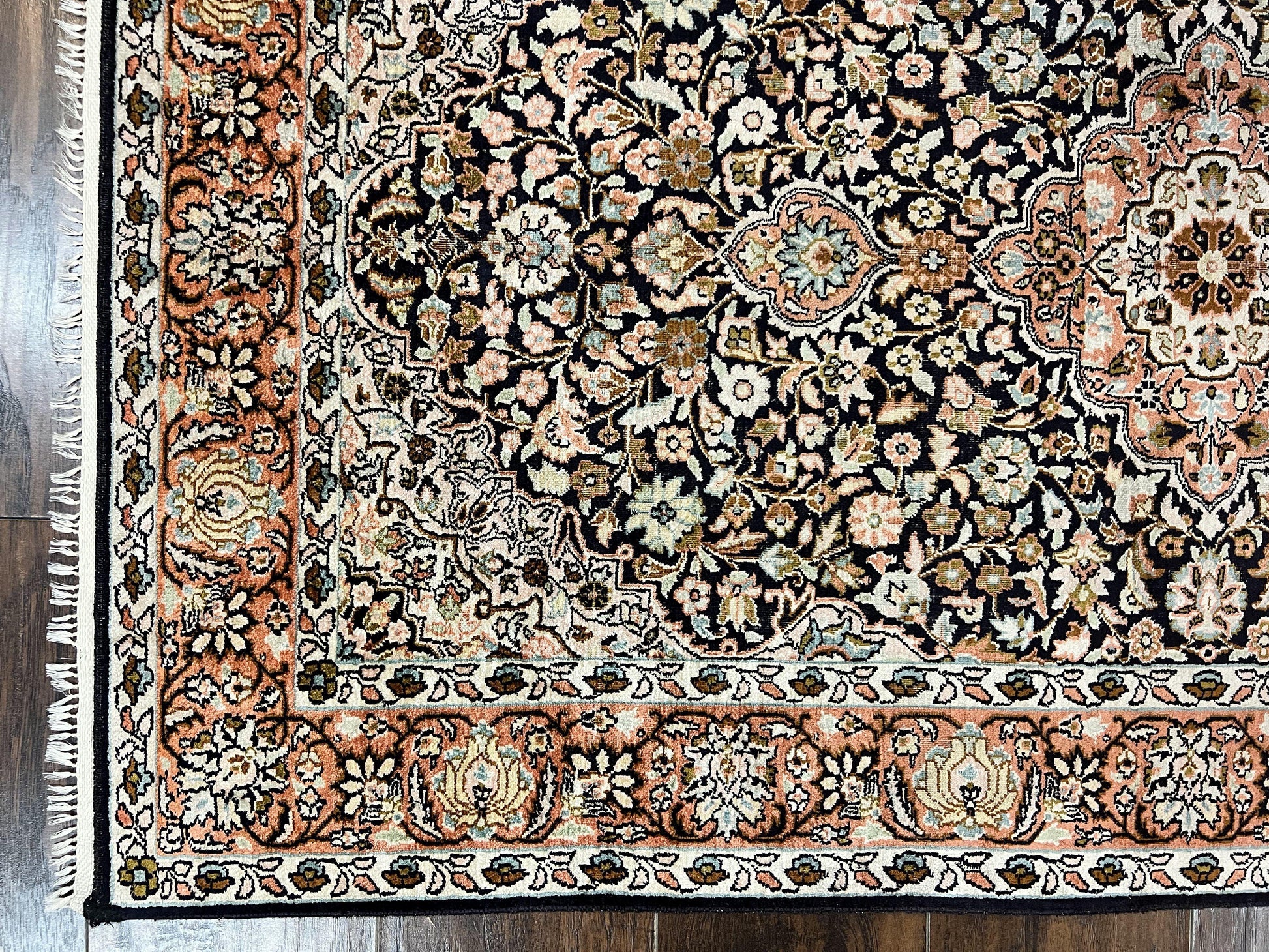 Silk Indian Kashmiri Rug 3x5, Indo Persian Silk on Silk Carpet, Very Fine 350 KPSI, Navy Blue, Handmade, Floral Medallion - Nuvé