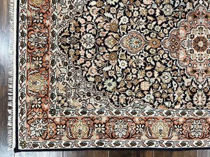 Silk Indian Kashmiri Rug 3x5, Indo Persian Silk on Silk Carpet, Very Fine 350 KPSI, Navy Blue, Handmade, Floral Medallion - Nuvé