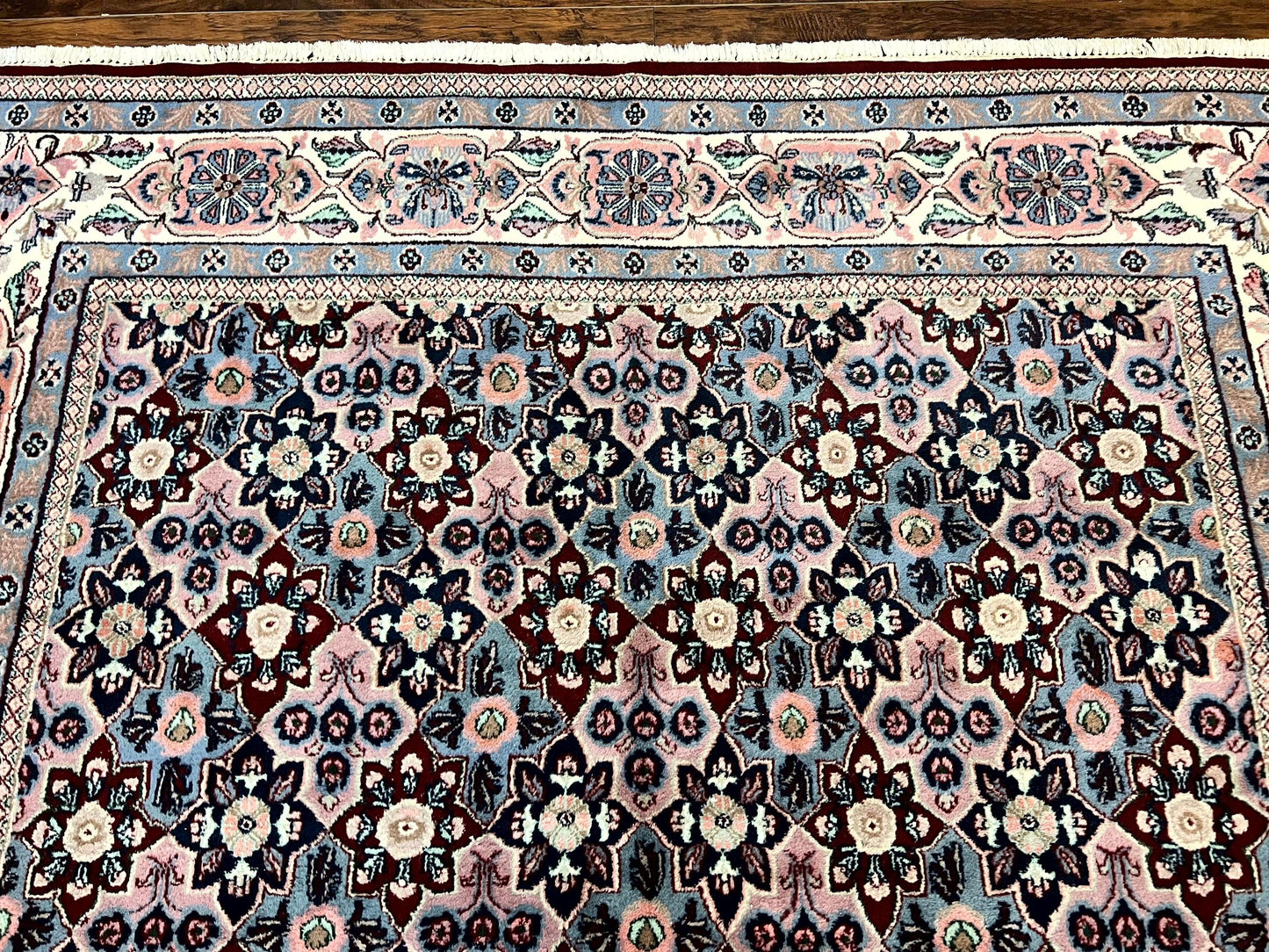 Indo Persian Rug 8x10, Repeated Allover Pattern, Navy Blue Ivory, Handmade Vintage Wool Carpet - Nuvé