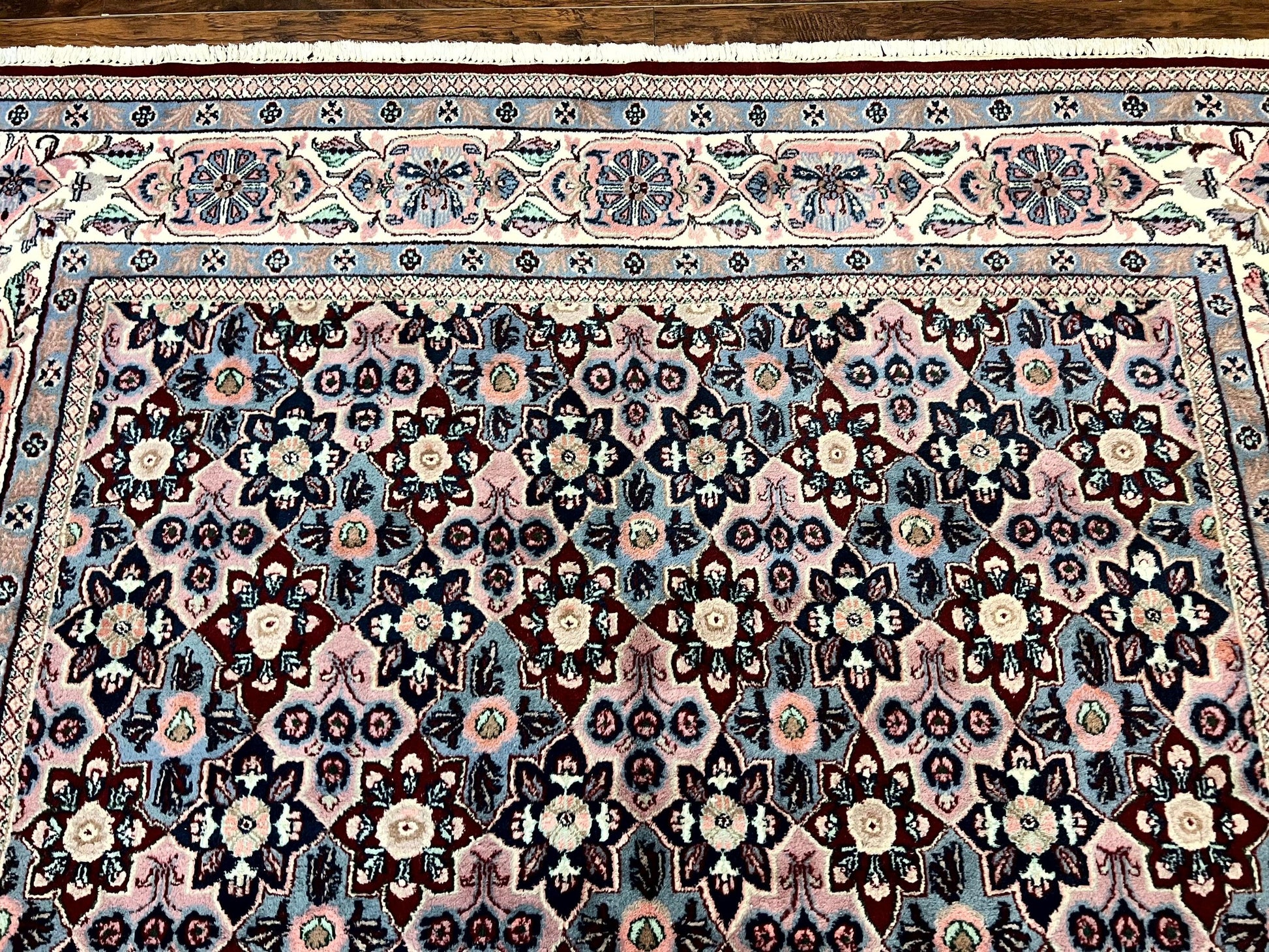 Indo Persian Rug 8x10, Repeated Allover Pattern, Navy Blue Ivory, Handmade Vintage Wool Carpet - Nuvé